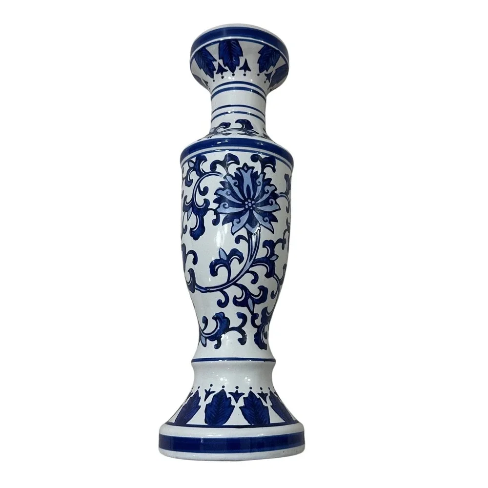 Blue and White Chinoiserie Ceramic Pillar Candle Holder Floral 15.5 Inch Tall